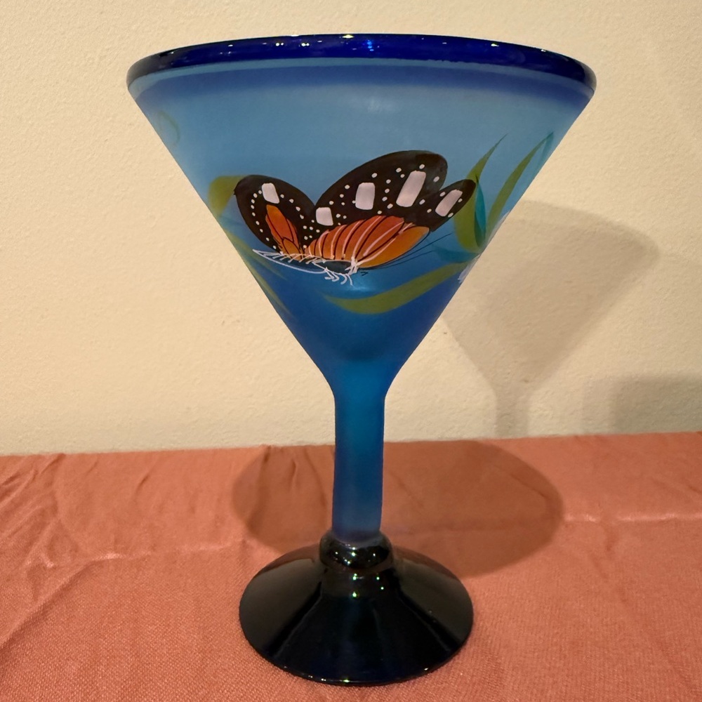 Mexican Hand Painted Mouth Blown Martini Margarita Glass Butterfly & Flower
